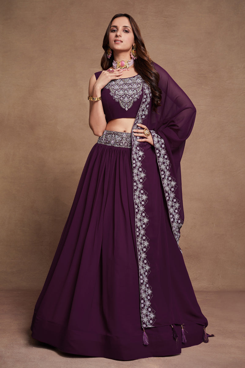 Purple Georgette Thread Sequins Embroidered Lehenga Choli