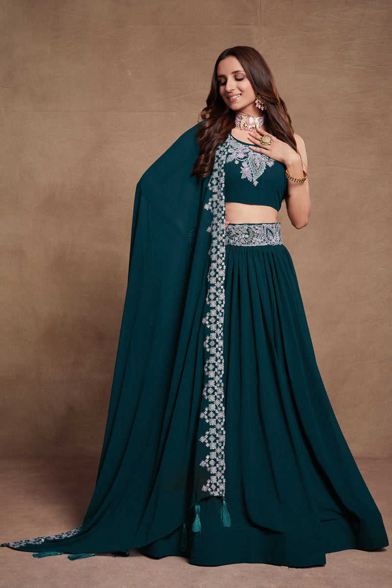 Rama Colored Georgette Thread Sequins Embroidered Lehenga Choli For Women