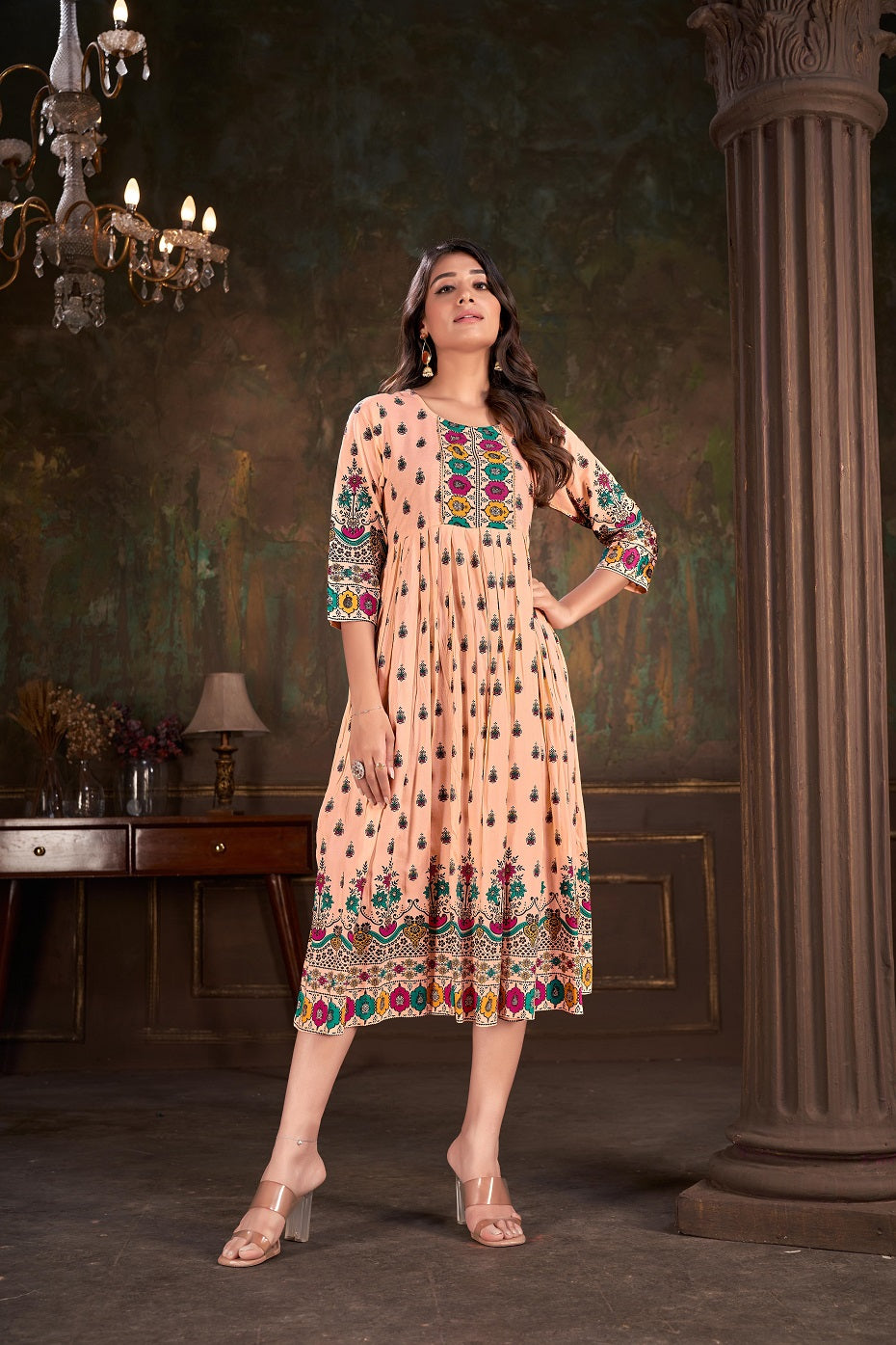 Beige Colored Cotton Designer Printed Long Kurti