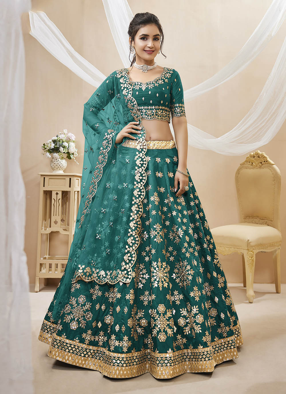 Green Art Silk Sequins Embroidered Lehenga Choli