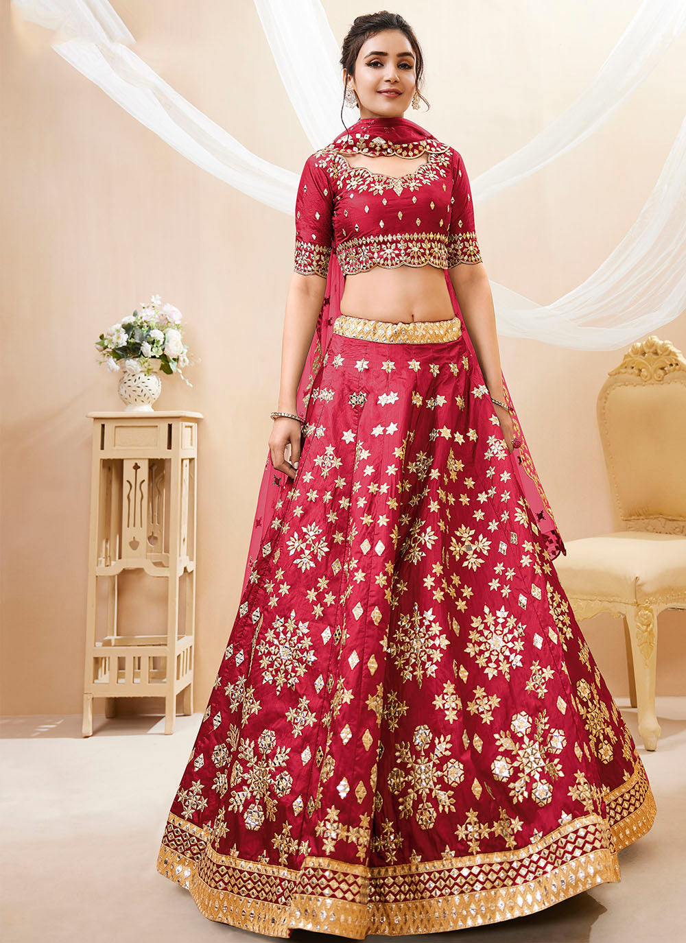 Red Art Silk Sequins Embroidered Lehenga Choli