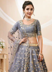 Grey Art Silk Sequins Embroidered Lehenga Choli