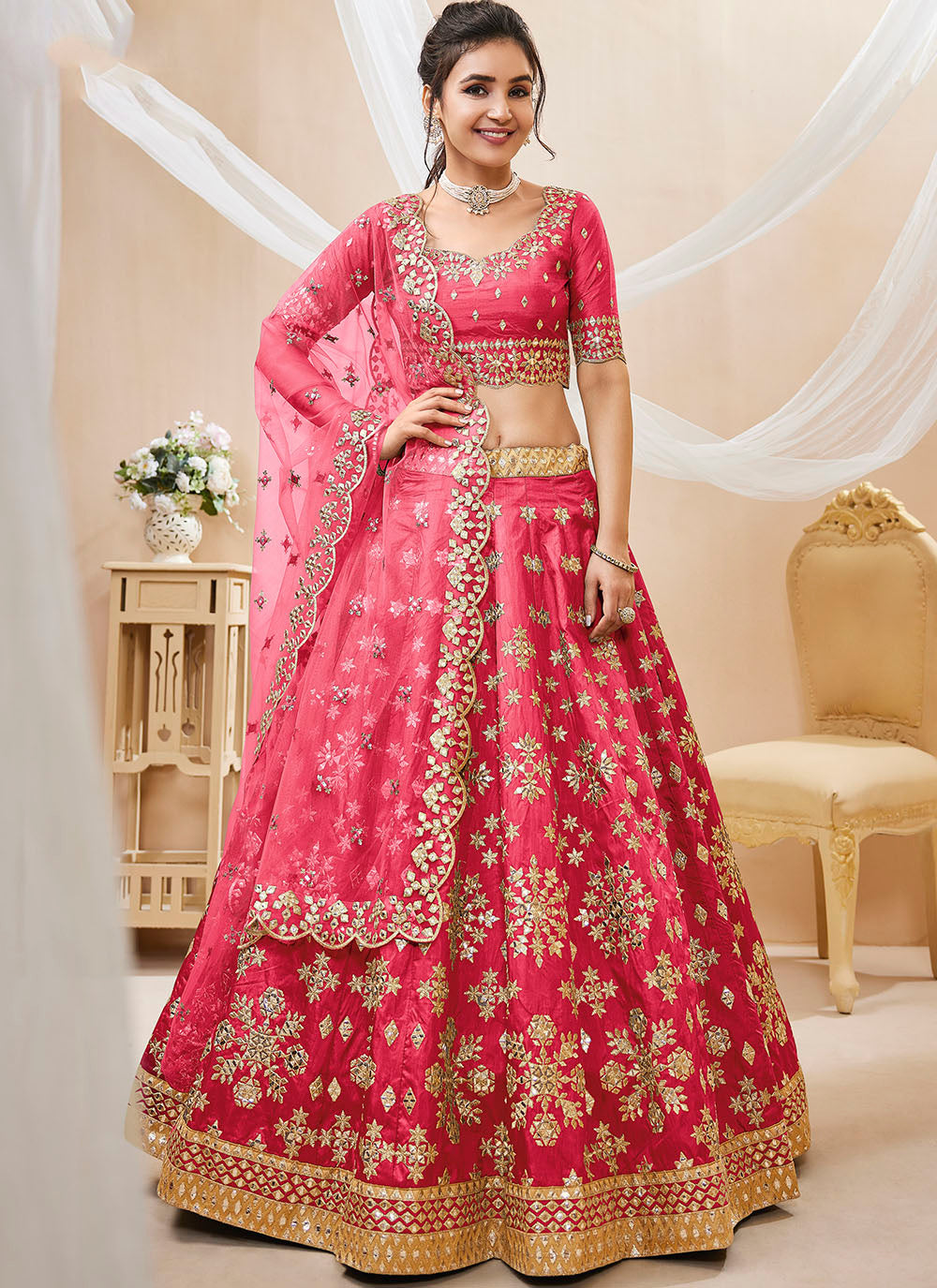 Pink Art Silk Sequins Embroidered Lehenga Choli