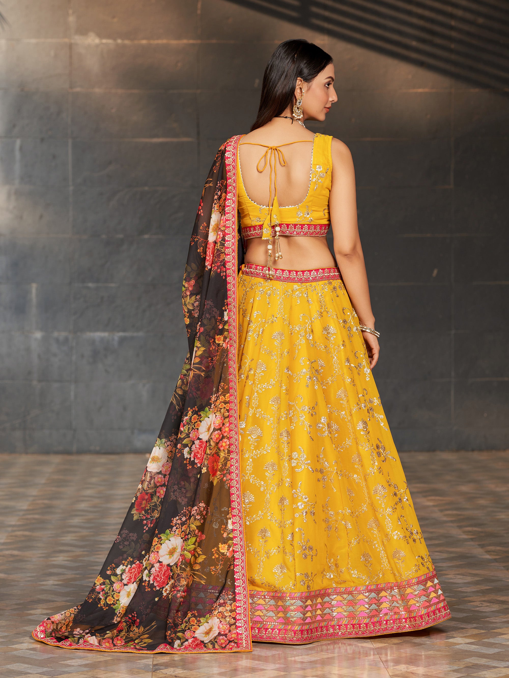 Yellow Georgette Sequins Embroidered Lehenga Choli