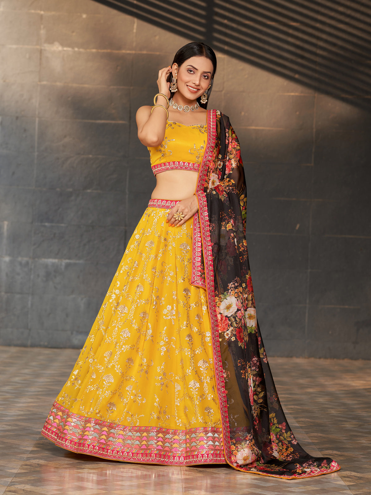 Yellow Georgette Sequins Embroidered Lehenga Choli