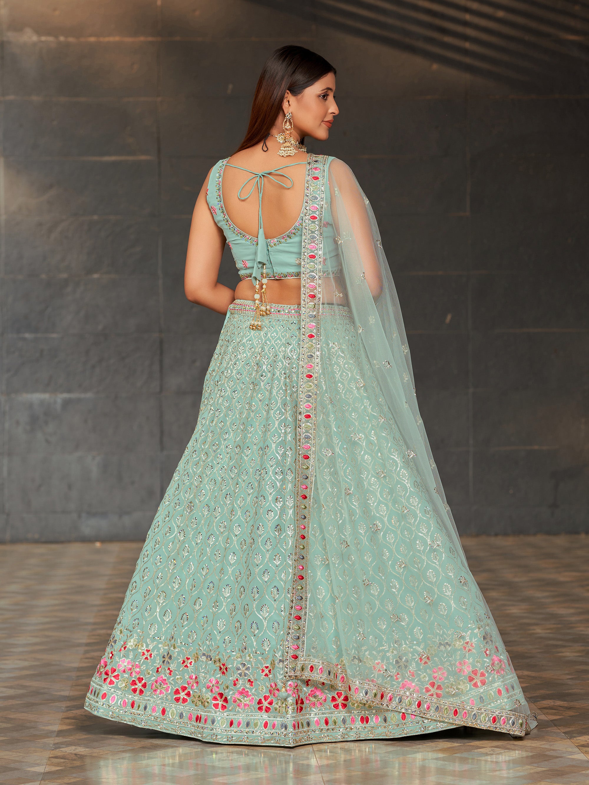 Sky Blue Georgette Sequins Embroidered Lehenga Choli