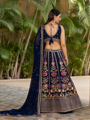 Navy Blue Georgette Sequins Embroidered Lehenga Choli