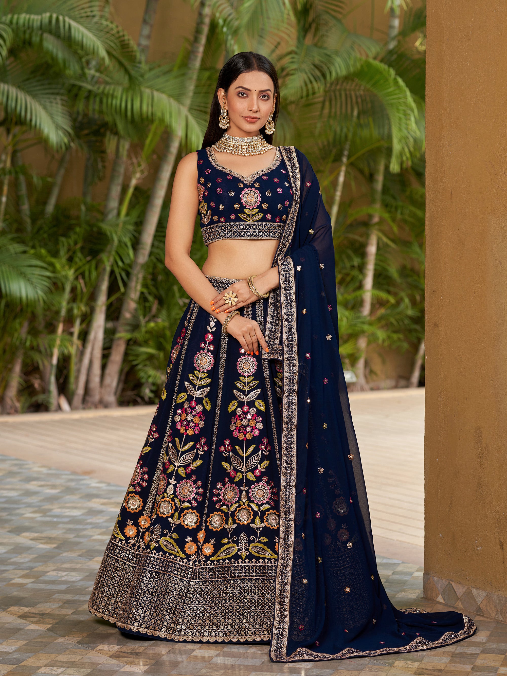 Navy Blue Georgette Sequins Embroidered Lehenga Choli