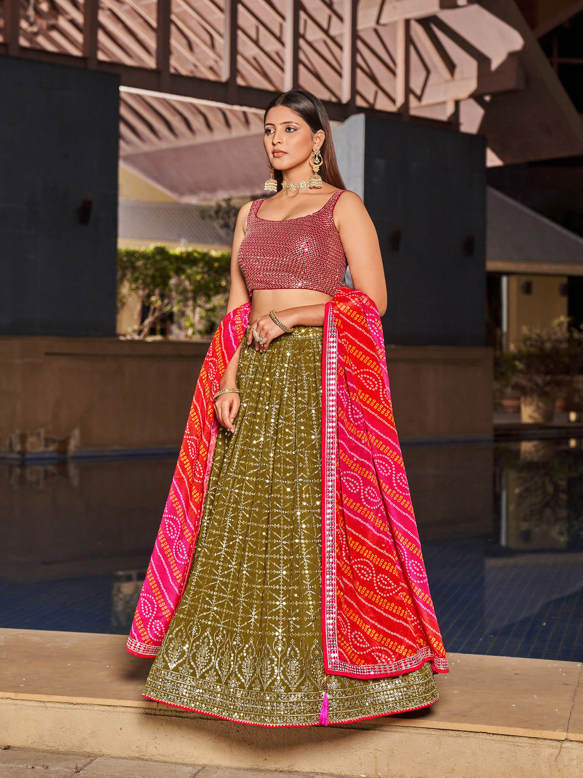 Olive Green Georgette Sequins Embroidered Lehenga Choli