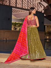 Olive Green Georgette Sequins Embroidered Lehenga Choli