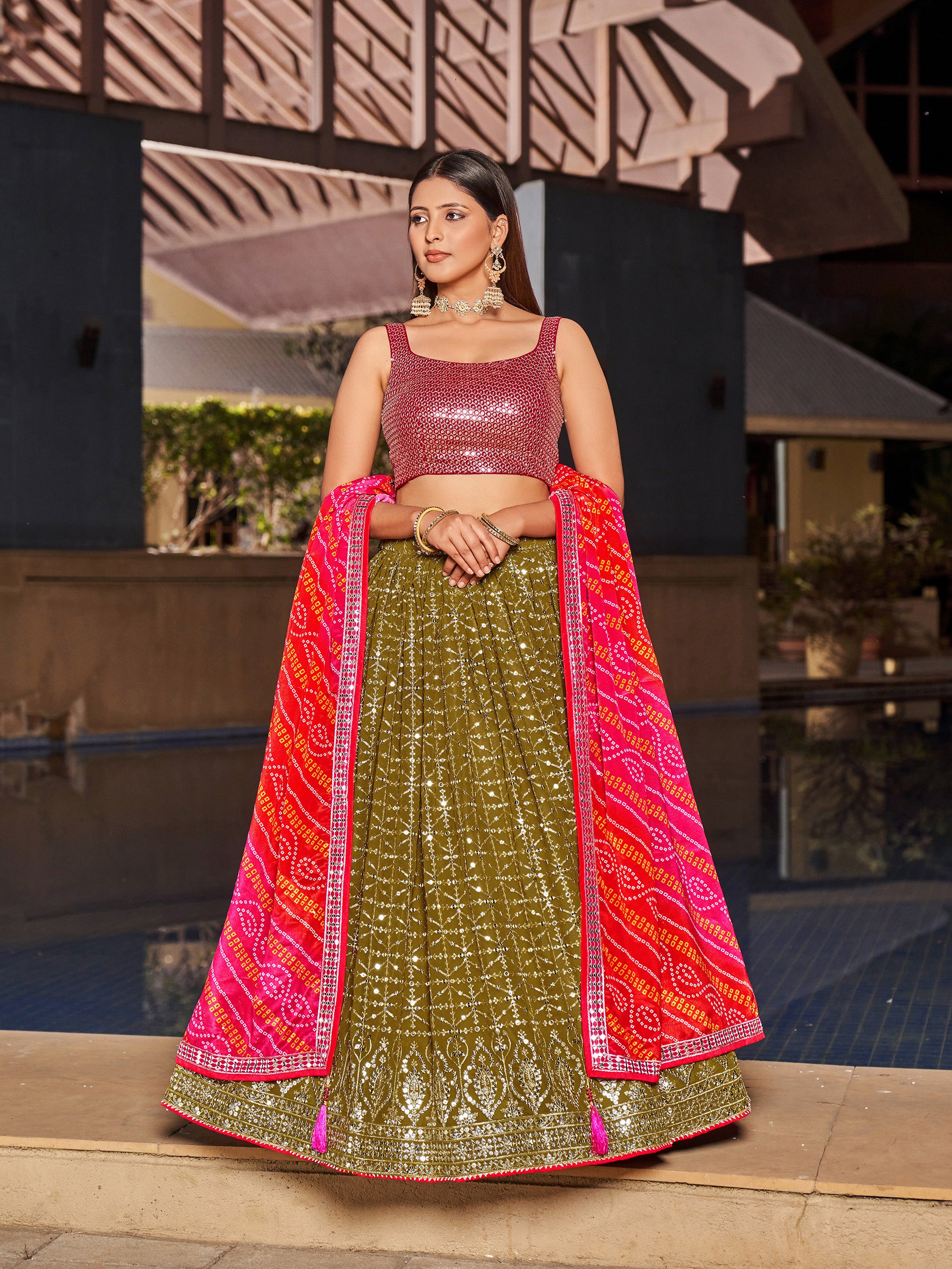 Olive Green Georgette Sequins Embroidered Lehenga Choli