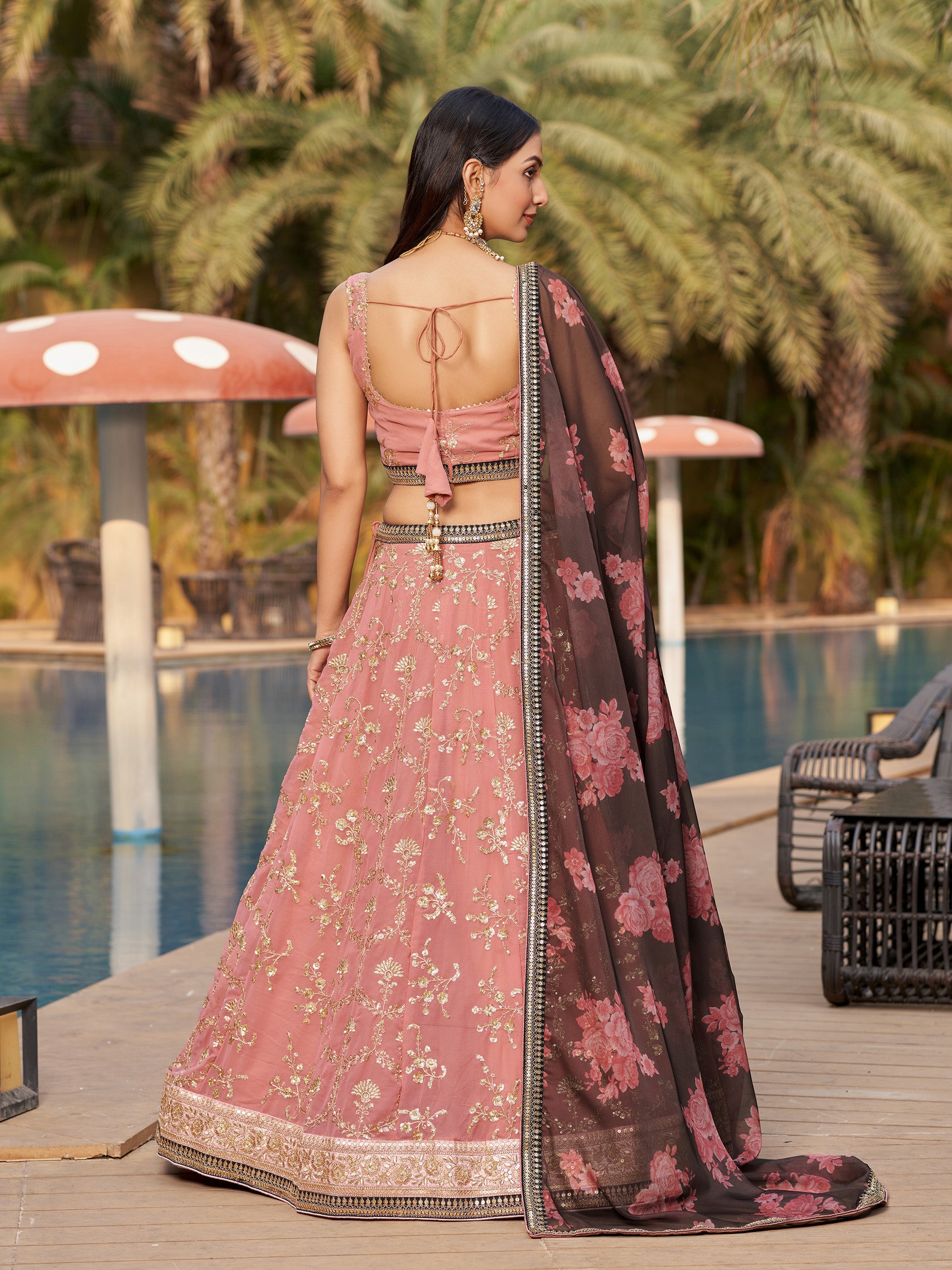 Pink Georgette Sequins Embroidered Lehenga Choli