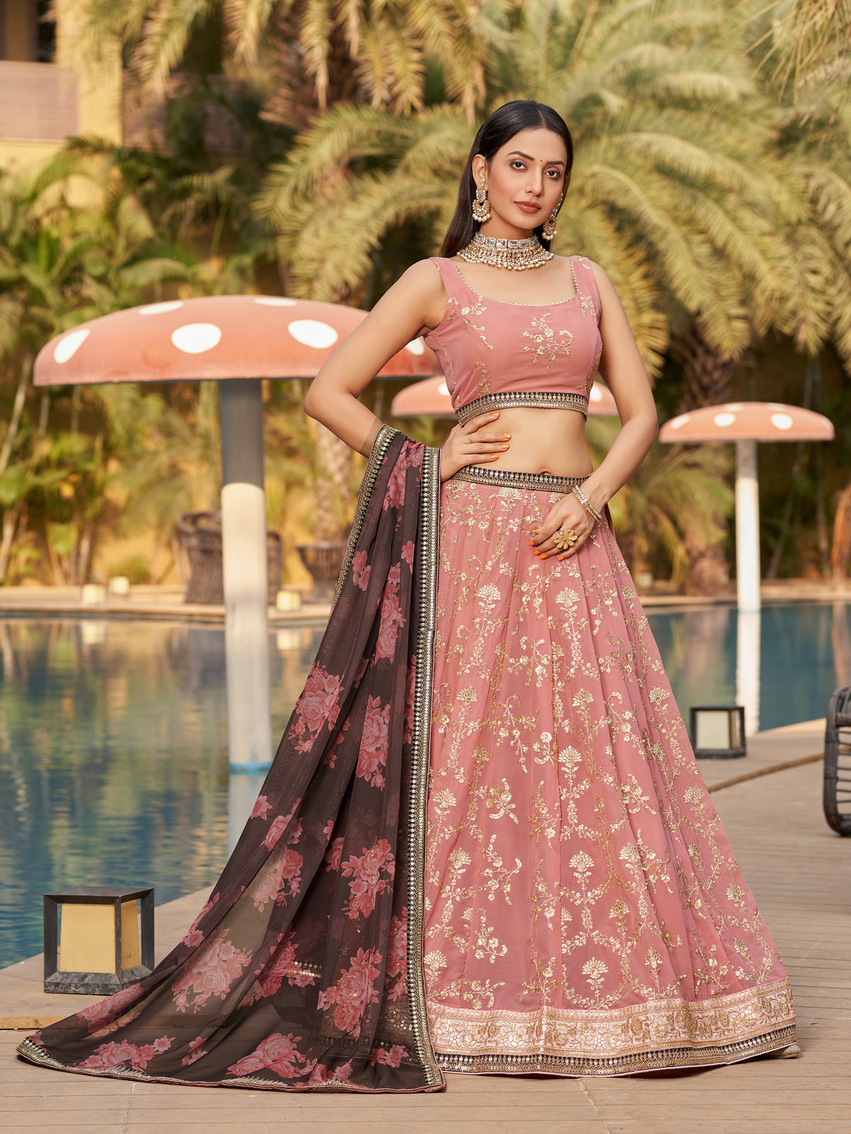 Pink Georgette Sequins Embroidered Lehenga Choli