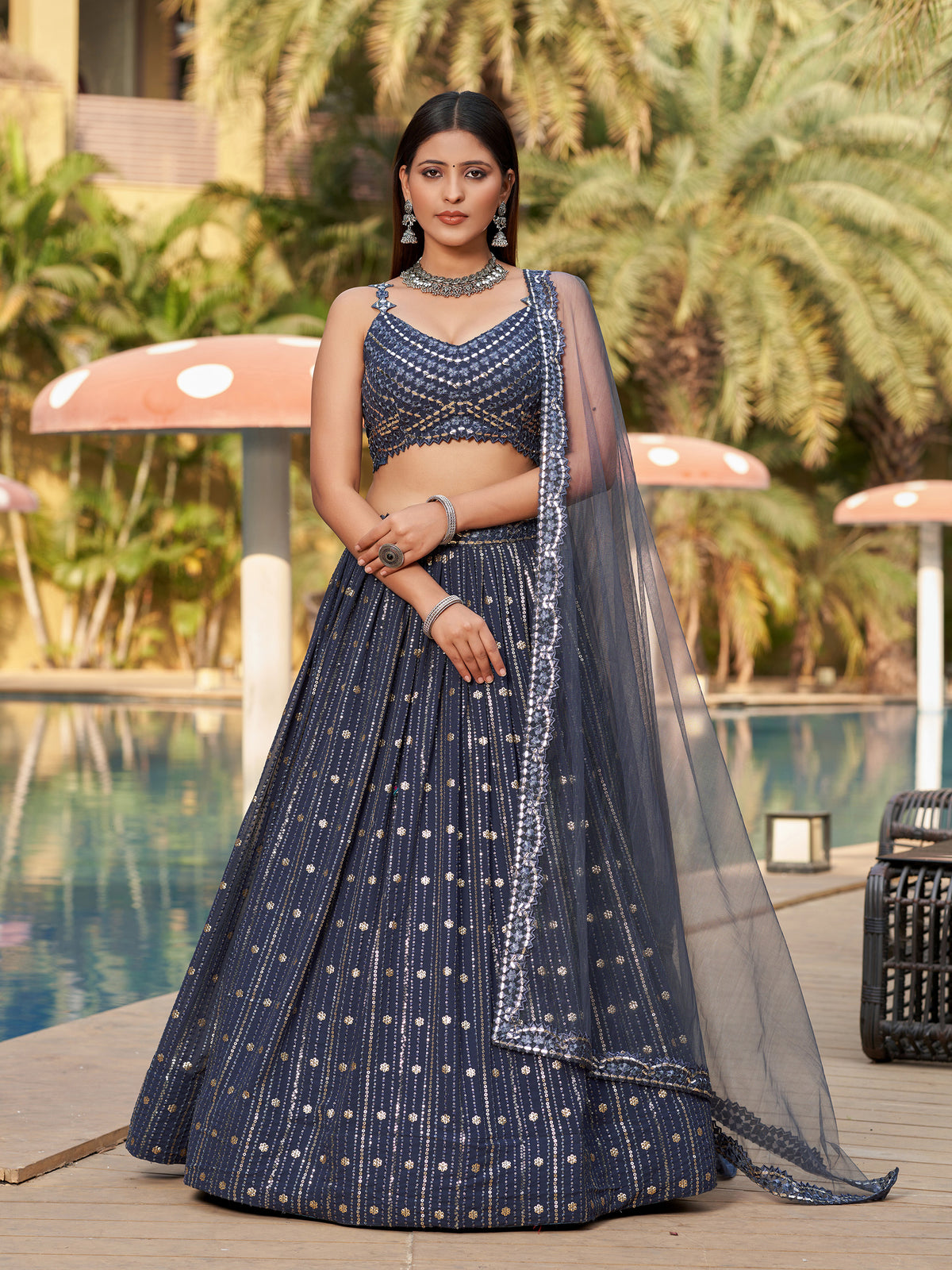 Grey Georgette Sequins Embroidered Lehenga Choli