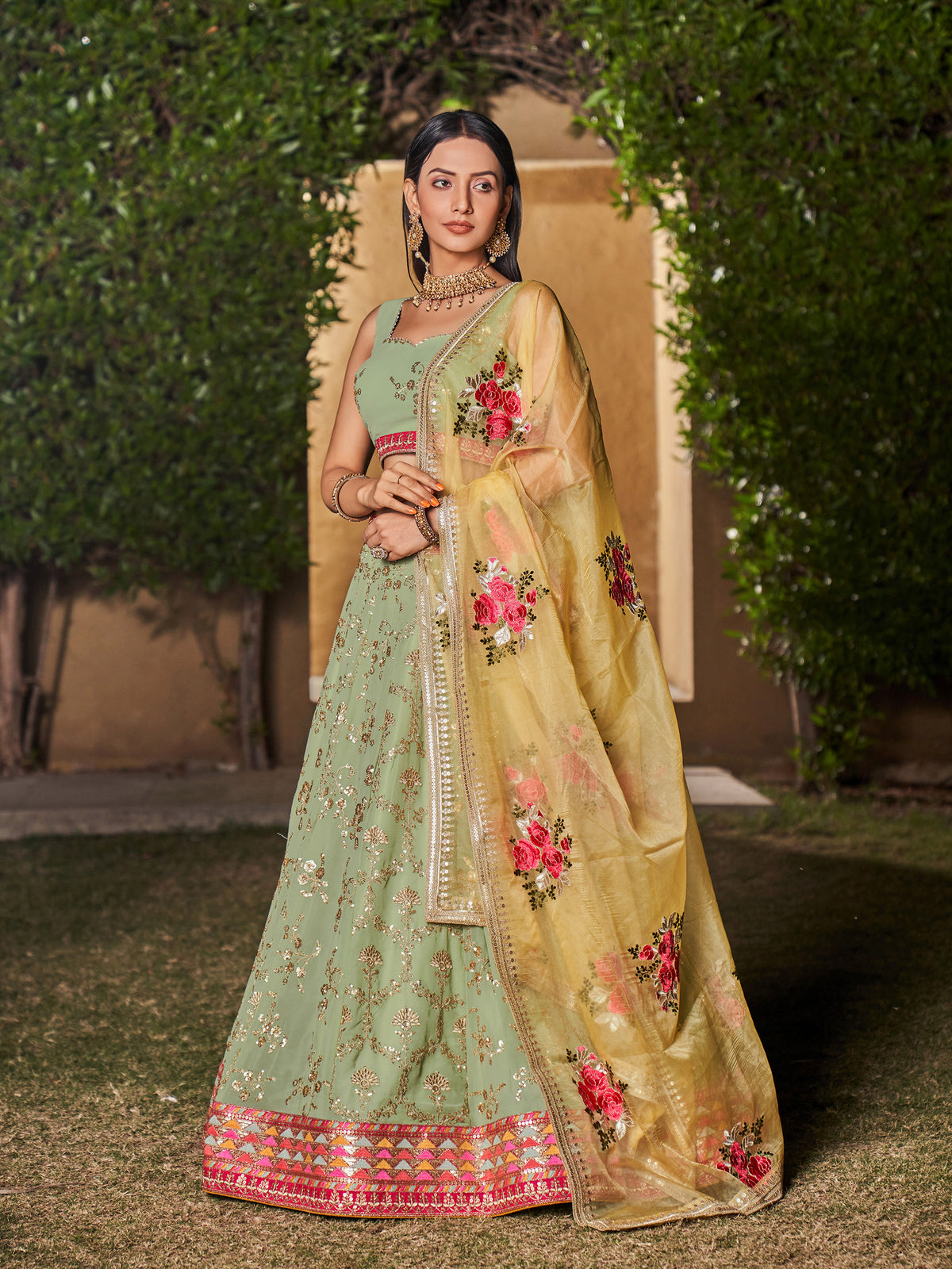 Pista Georgette Sequins Embroidered Lehenga Choli