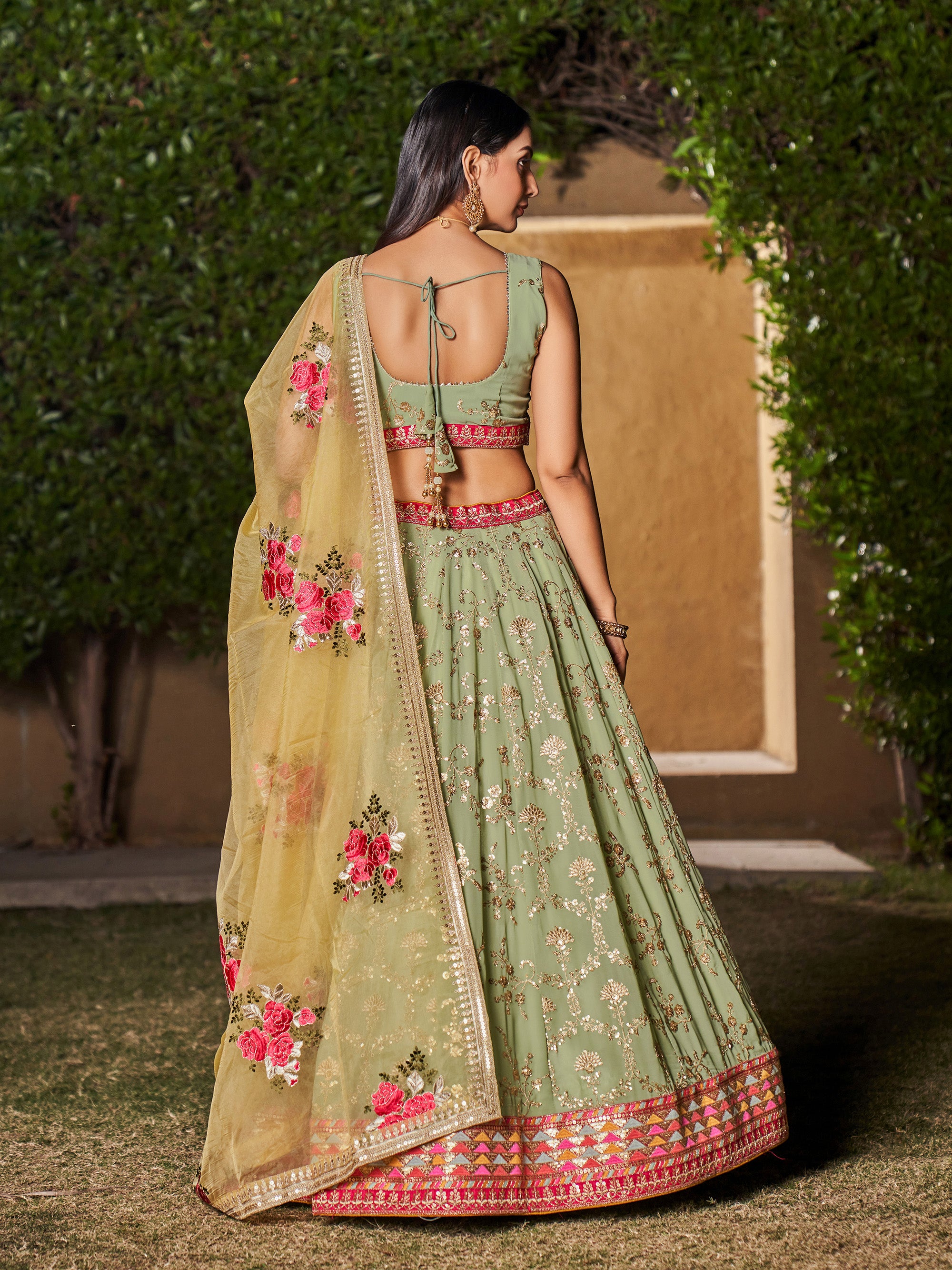 Pista Georgette Sequins Embroidered Lehenga Choli