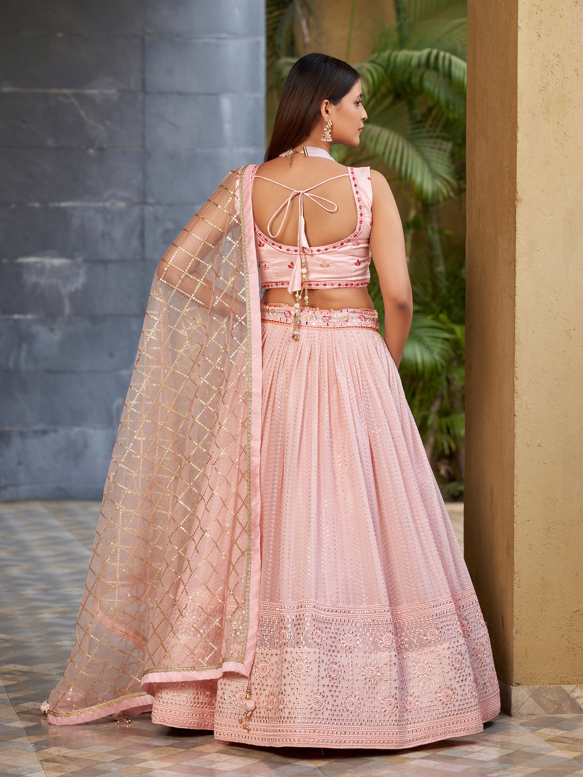 Pink Georgette Sequins Embroidered Lehenga Choli