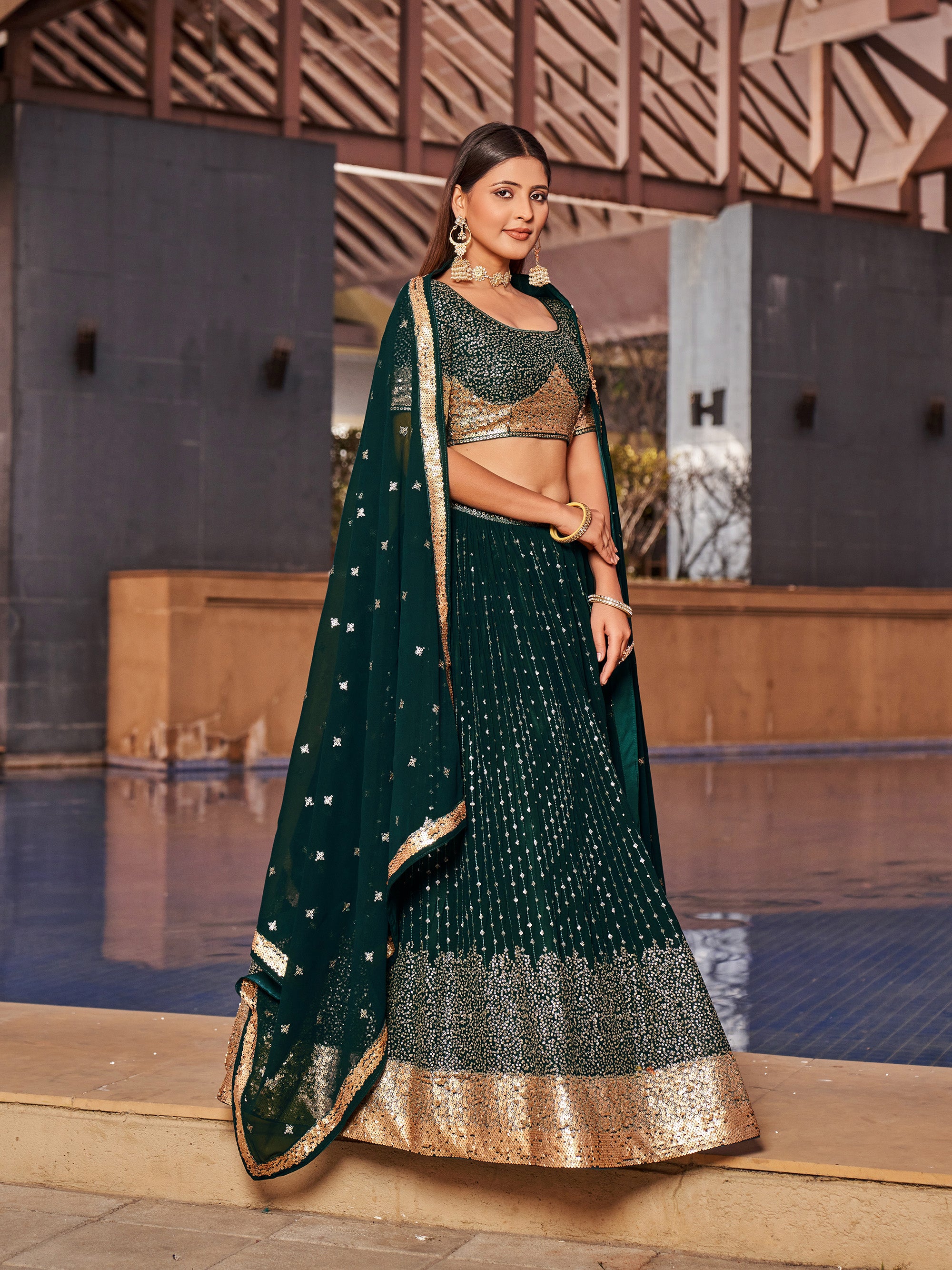 Green Georgette Sequins Embroidered Lehenga Choli