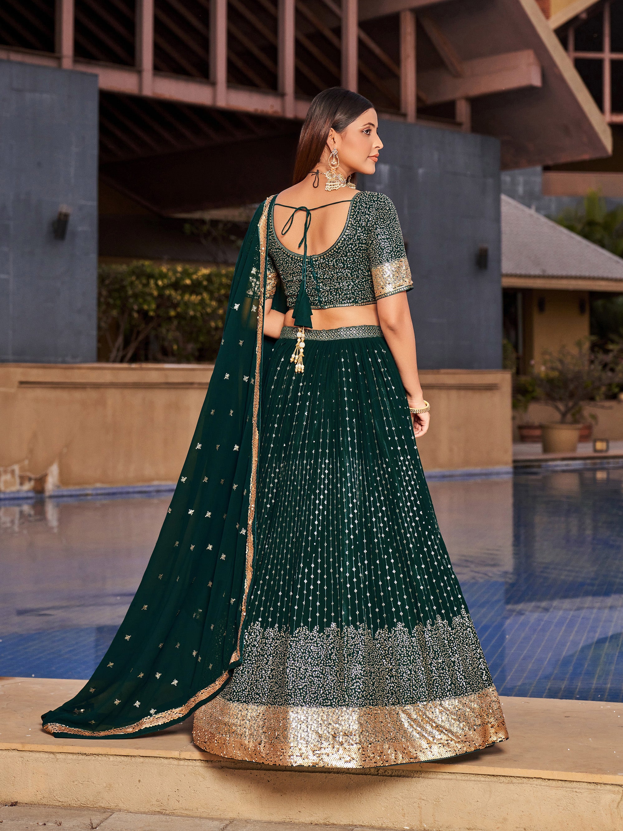 Green Georgette Sequins Embroidered Lehenga Choli