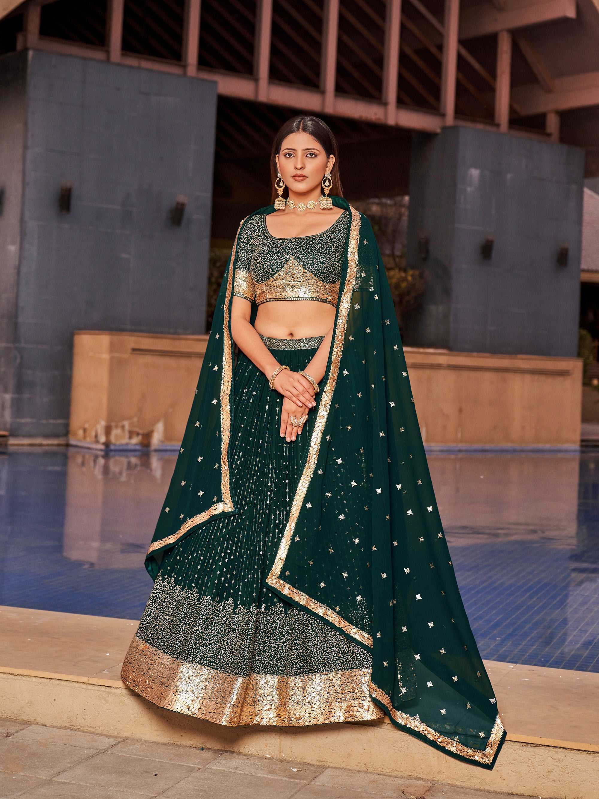 Green Georgette Sequins Embroidered Lehenga Choli