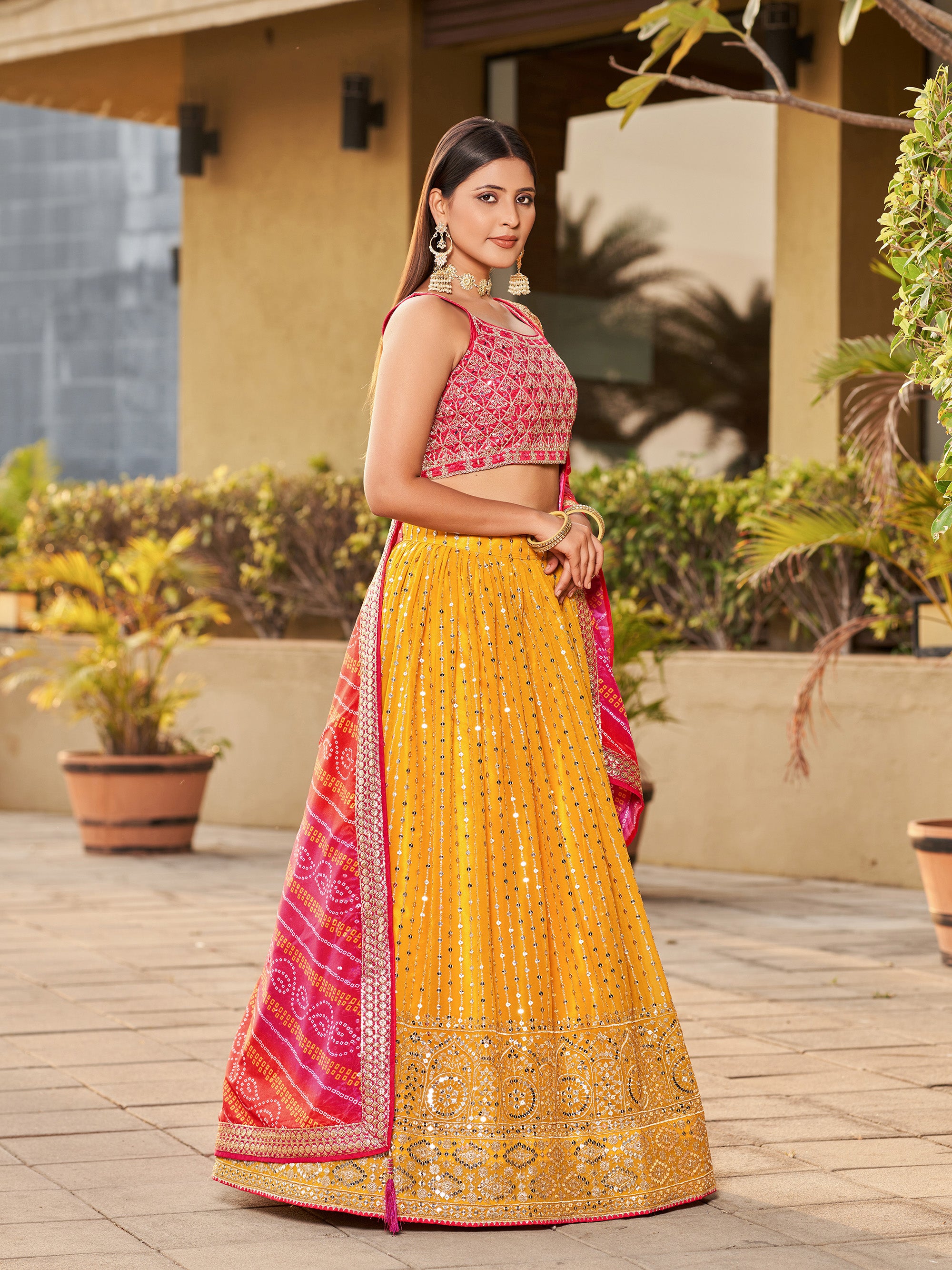 Pink Georgette Sequins Embroidered Lehenga Choli