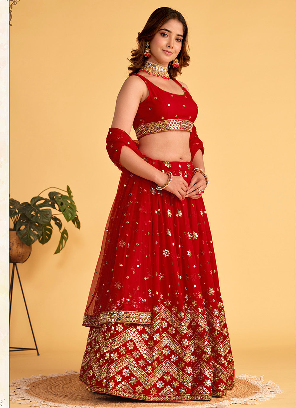 Red Georgette Sequins Embroidered Lehenga Choli