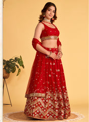 Red Georgette Sequins Embroidered Lehenga Choli