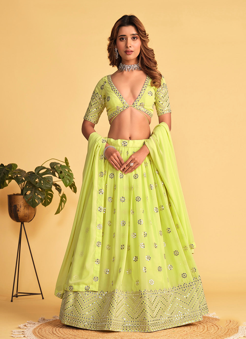 Neon Georgette Sequins Embroidered Lehenga Choli