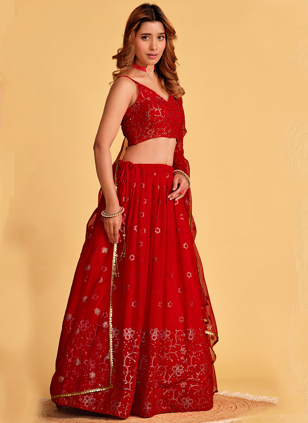 Red Georgette Sequins Embroidered Lehenga Choli