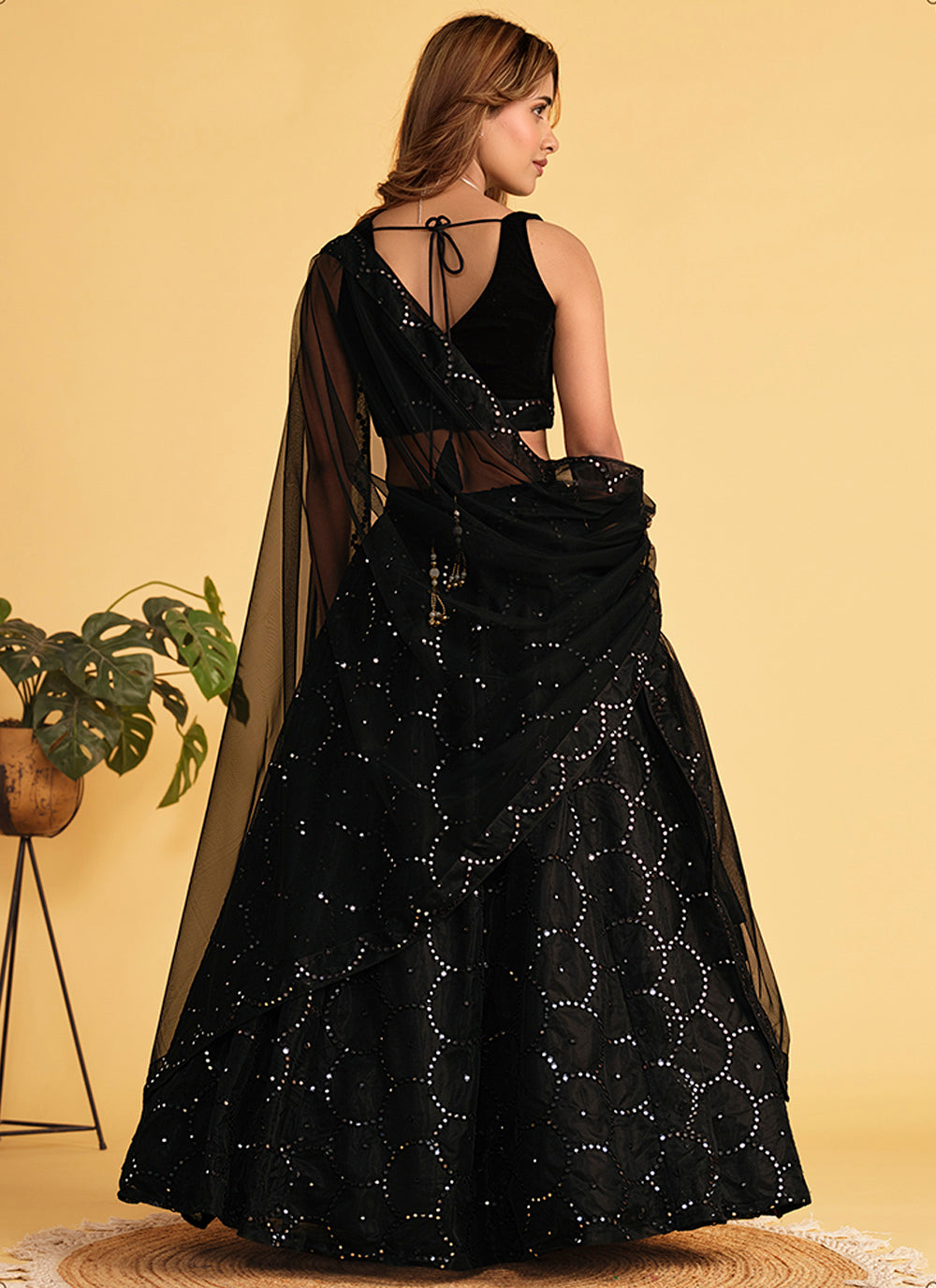 Black Organza Net Sequins Embroidered Lehenga Choli