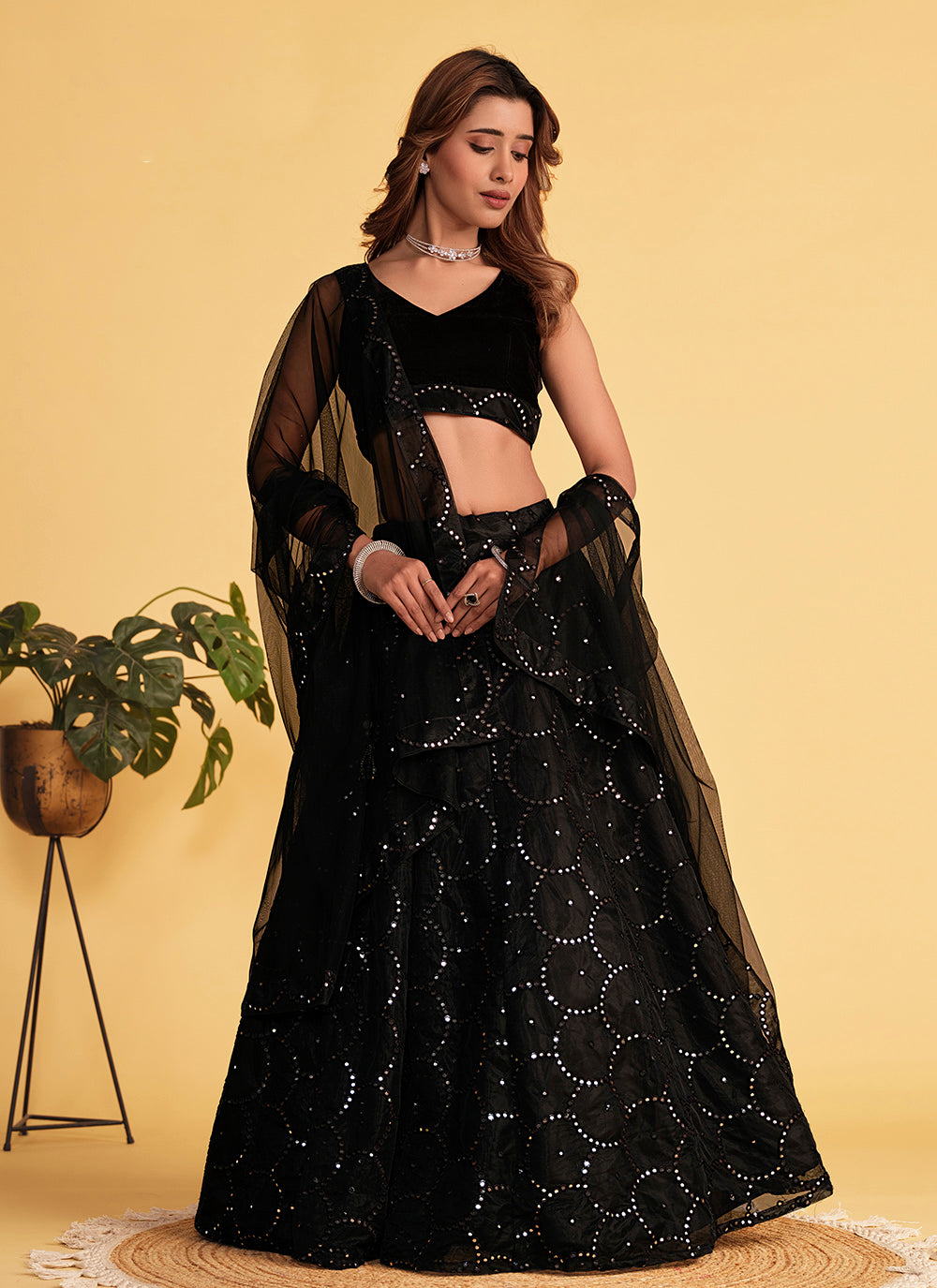 Black Organza Net Sequins Embroidered Lehenga Choli