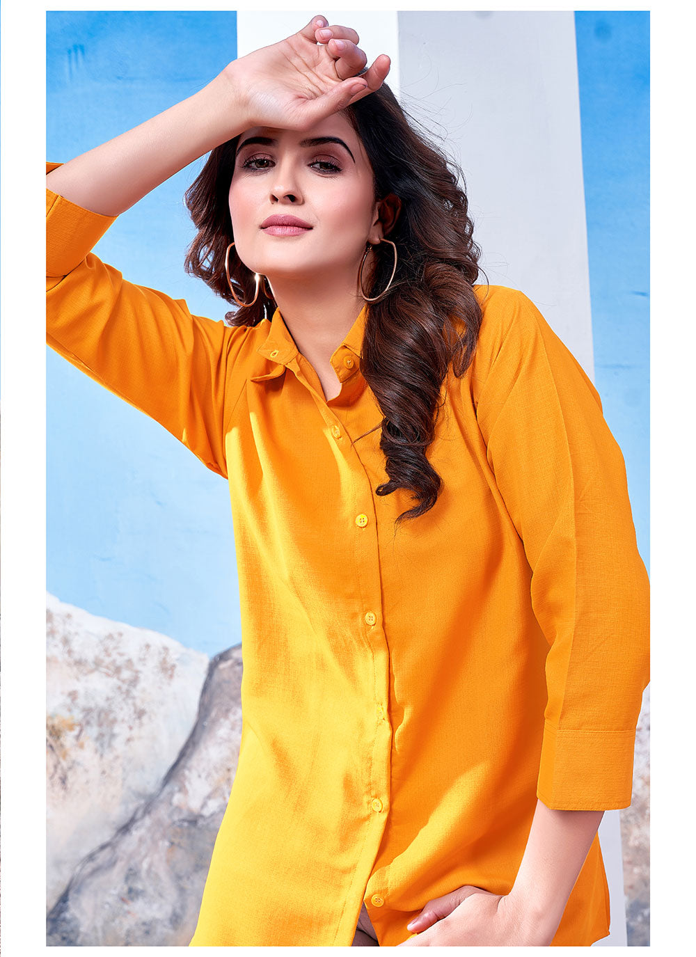 Yellow Cotton Solid Collared Casual Shirt For Women