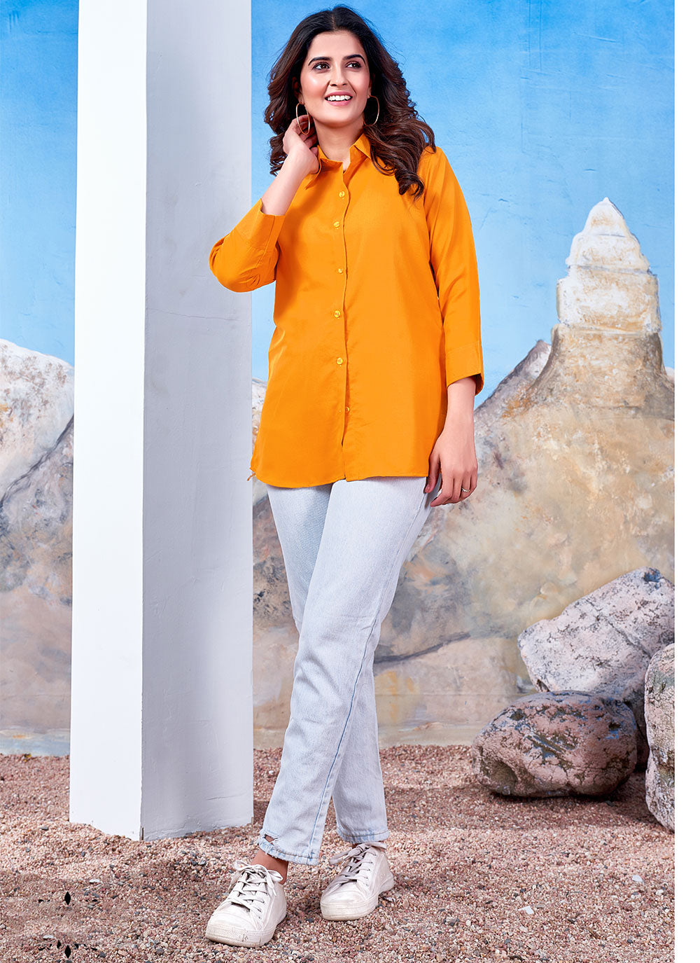 Yellow Cotton Solid Collared Casual Shirt For Women