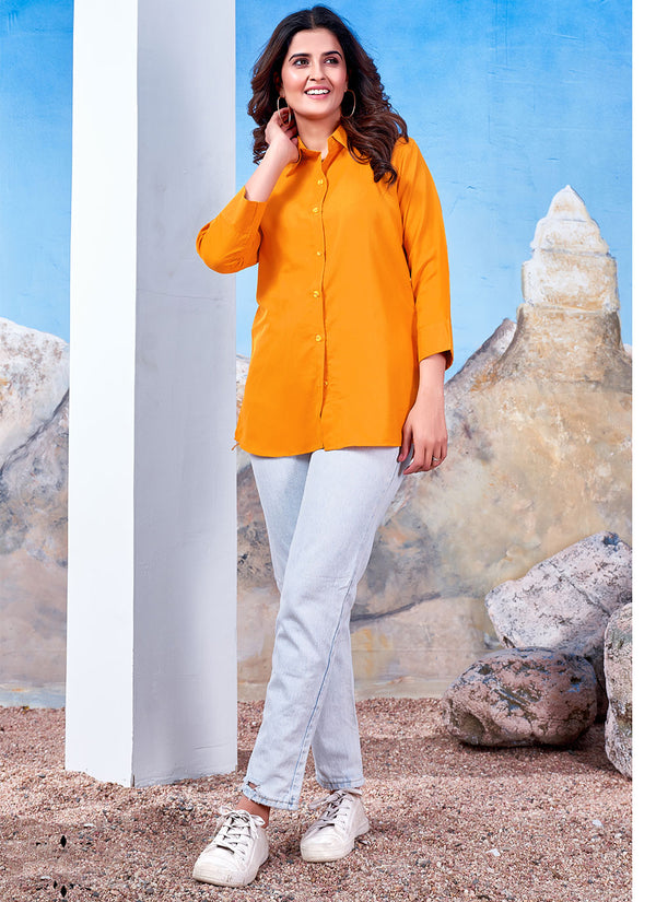 Yellow Colored Cotton Solid  Collared Casual Shirt For Women