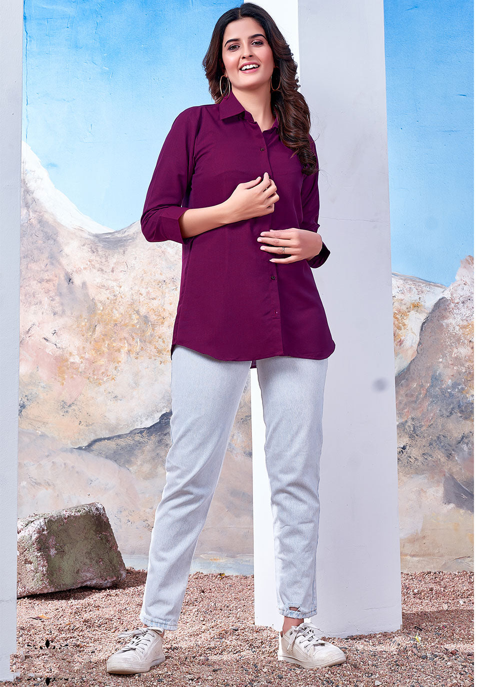 Purple Cotton Solid Collared Casual Shirt For Women