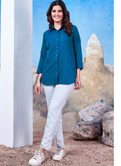 Blue Cotton Solid Collared Casual Shirt For Women