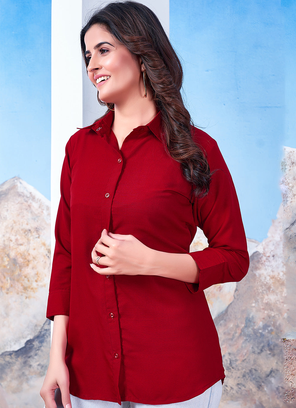 Maroon Cotton Solid Collared Casual Shirt For Women