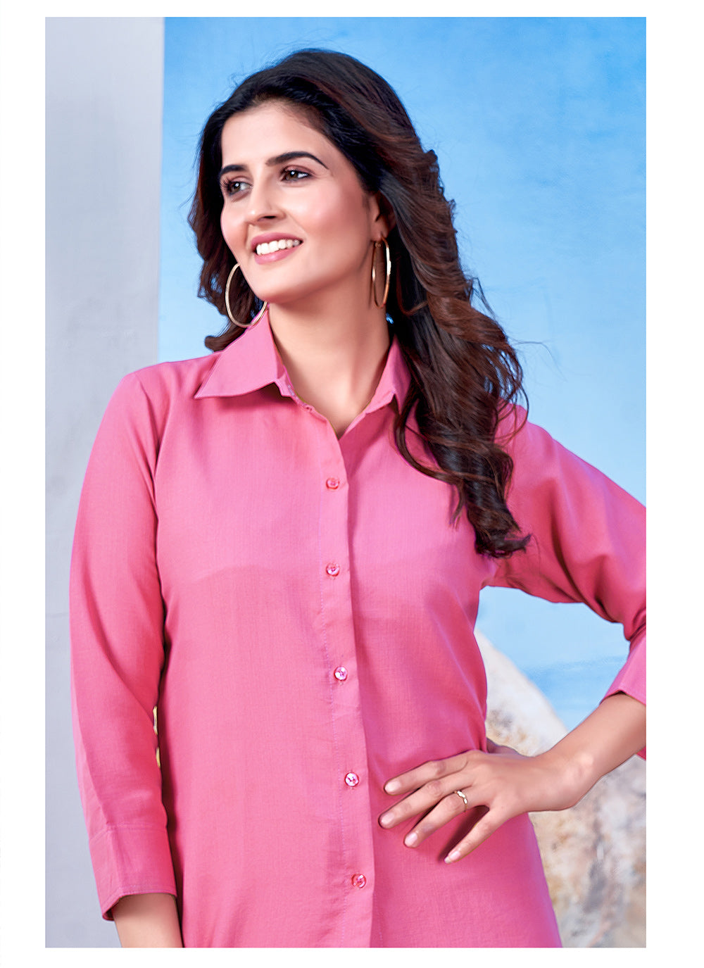 Pink Cotton Solid Collared Casual Shirt For Women