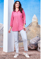 Pink Cotton Solid Collared Casual Shirt For Women