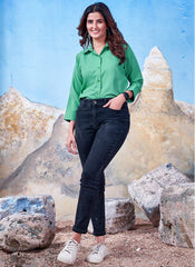 Light Green Cotton Solid Collared Casual Shirt For Women