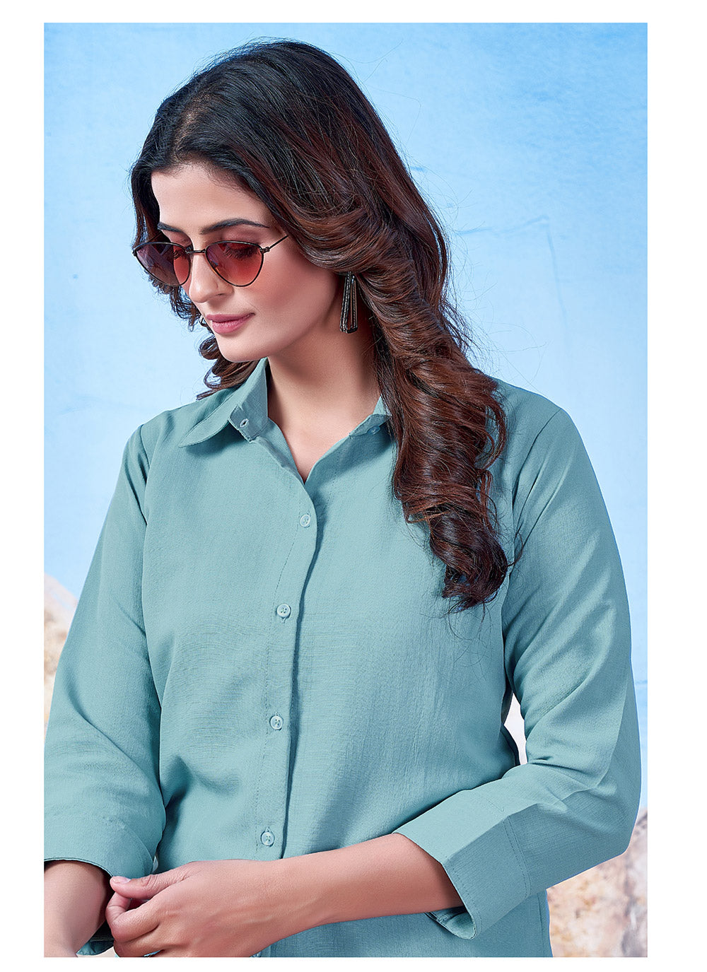 Blue Cotton Solid Collared Casual Shirt For Women