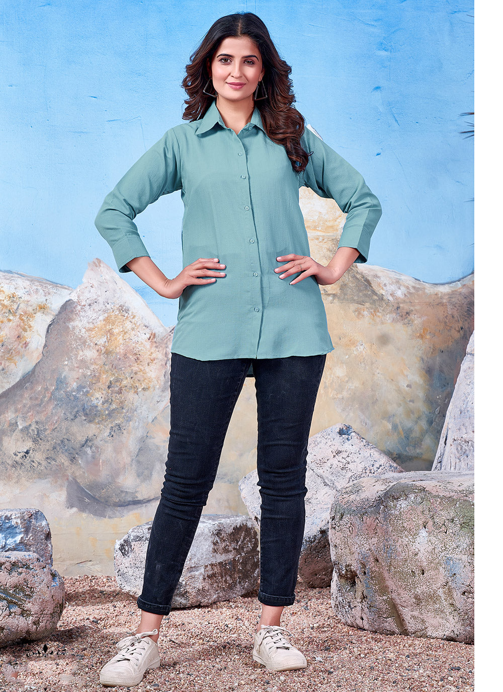 Blue Cotton Solid Collared Casual Shirt For Women