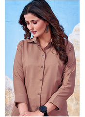 Brown Cotton Solid Collared Casual Shirt For Women