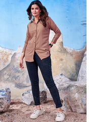 Brown Cotton Solid Collared Casual Shirt For Women