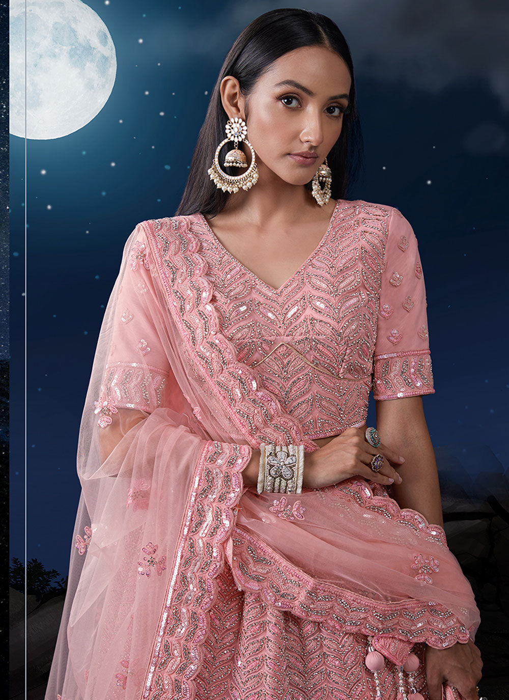 Baby Pink Net Embroidered Lehenga Choli