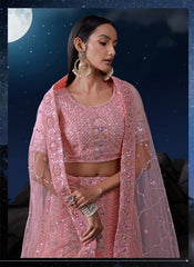 Rose Pink Soft Net Embroidered Lehenga Choli