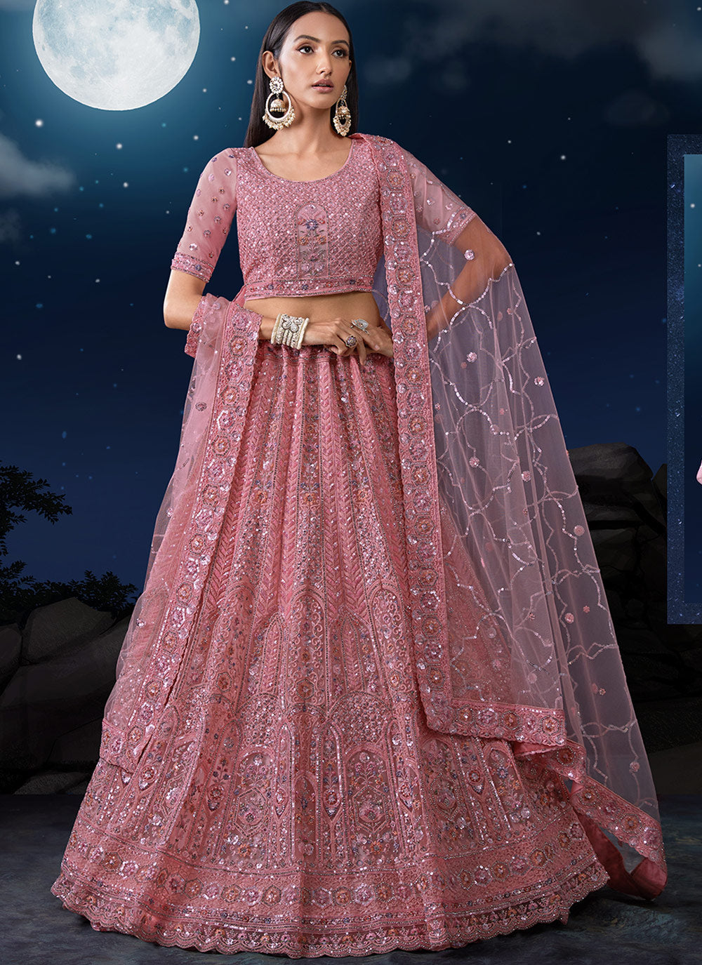 Rose Pink Soft Net Embroidered Lehenga Choli