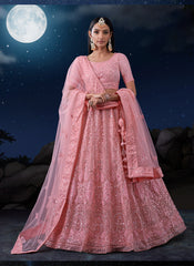 Pink Net Embroidered Lehenga Choli