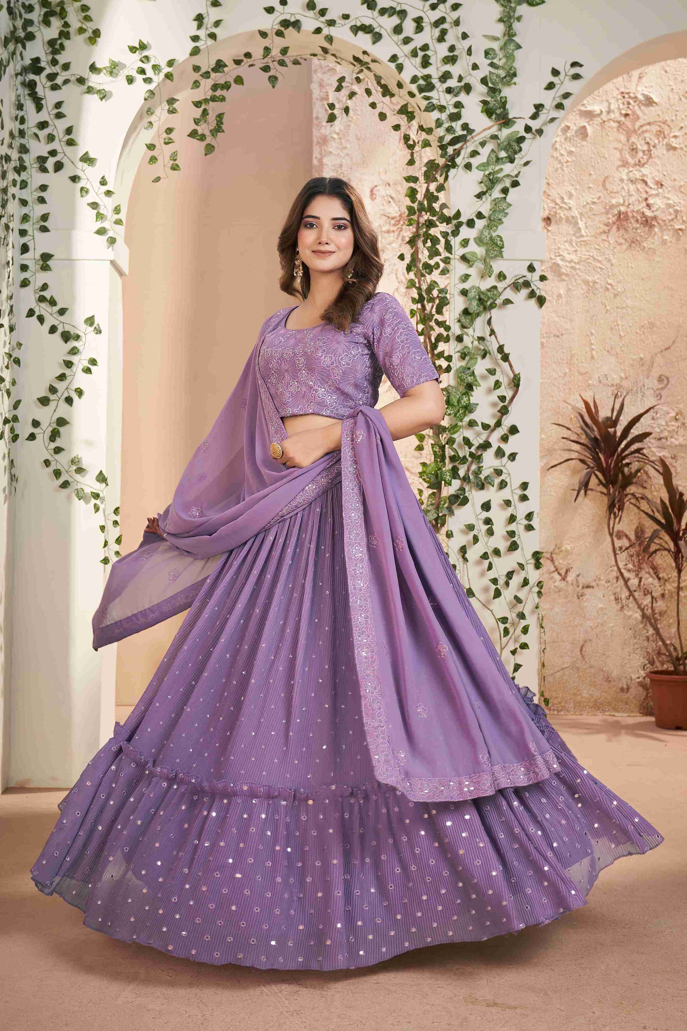 Purple Faux Georgette Sequins Embroidered Lehenga Choli