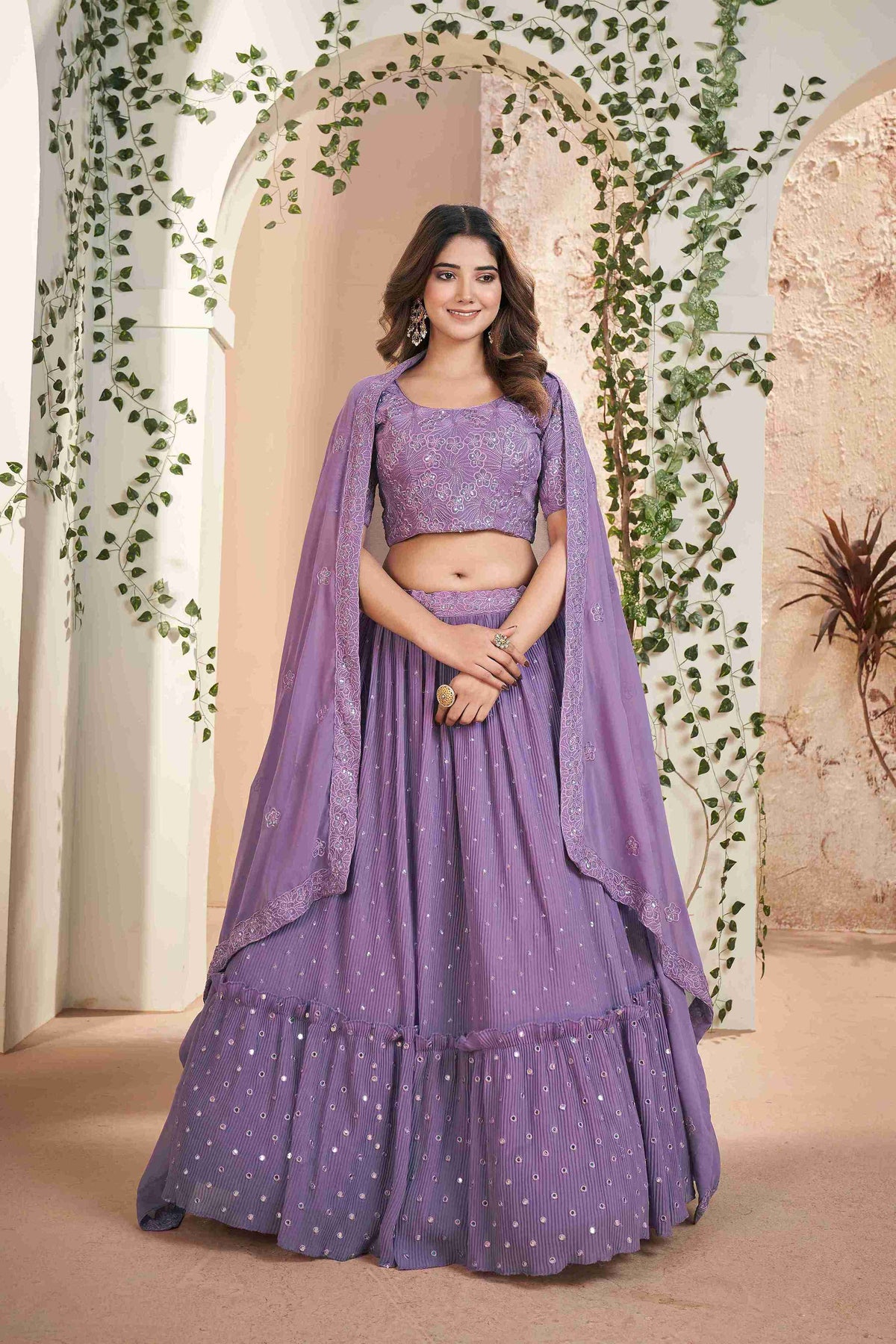 Purple Faux Georgette Sequins Embroidered Lehenga Choli